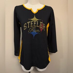 Pittsburg Steeler Fan Y2K 2000s Rhinestone Black & Yellow 3/4 Sleeve Blouse Top